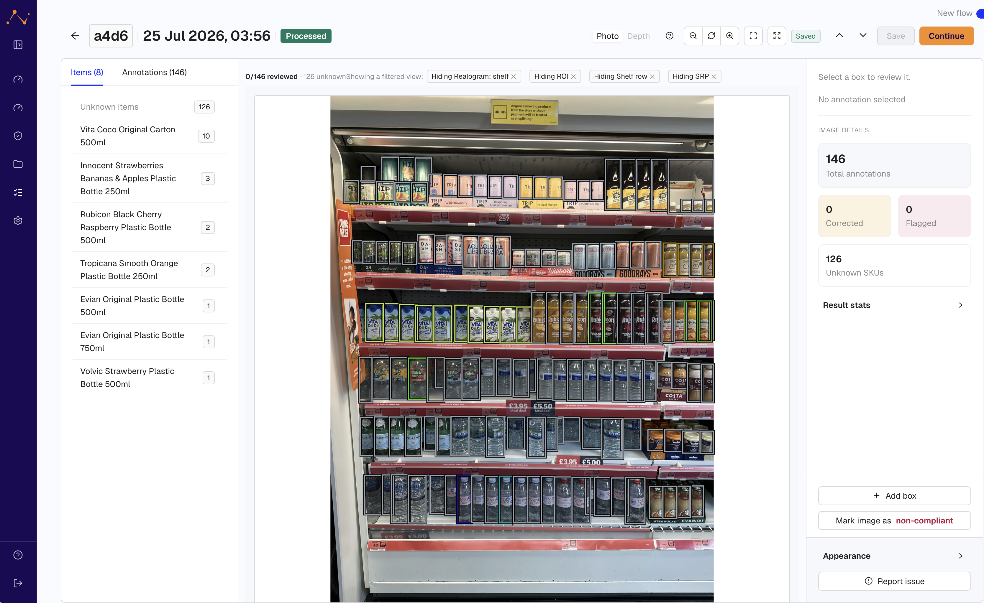The validation tool: a shelf photo with a box around every detected product, the recognised items listed on the left and review stats on the right