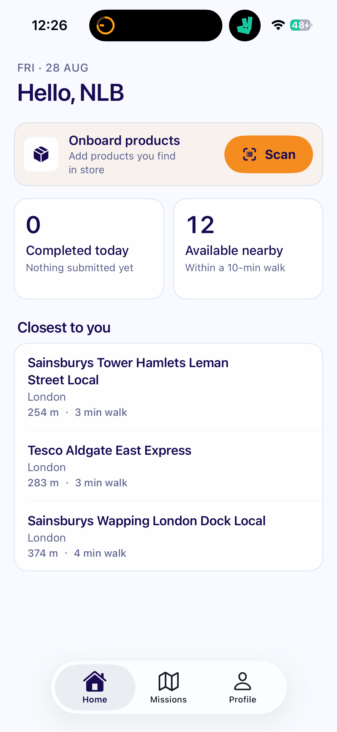 ZIA Lens home screen: products to onboard, missions completed today and available nearby, and the closest stores