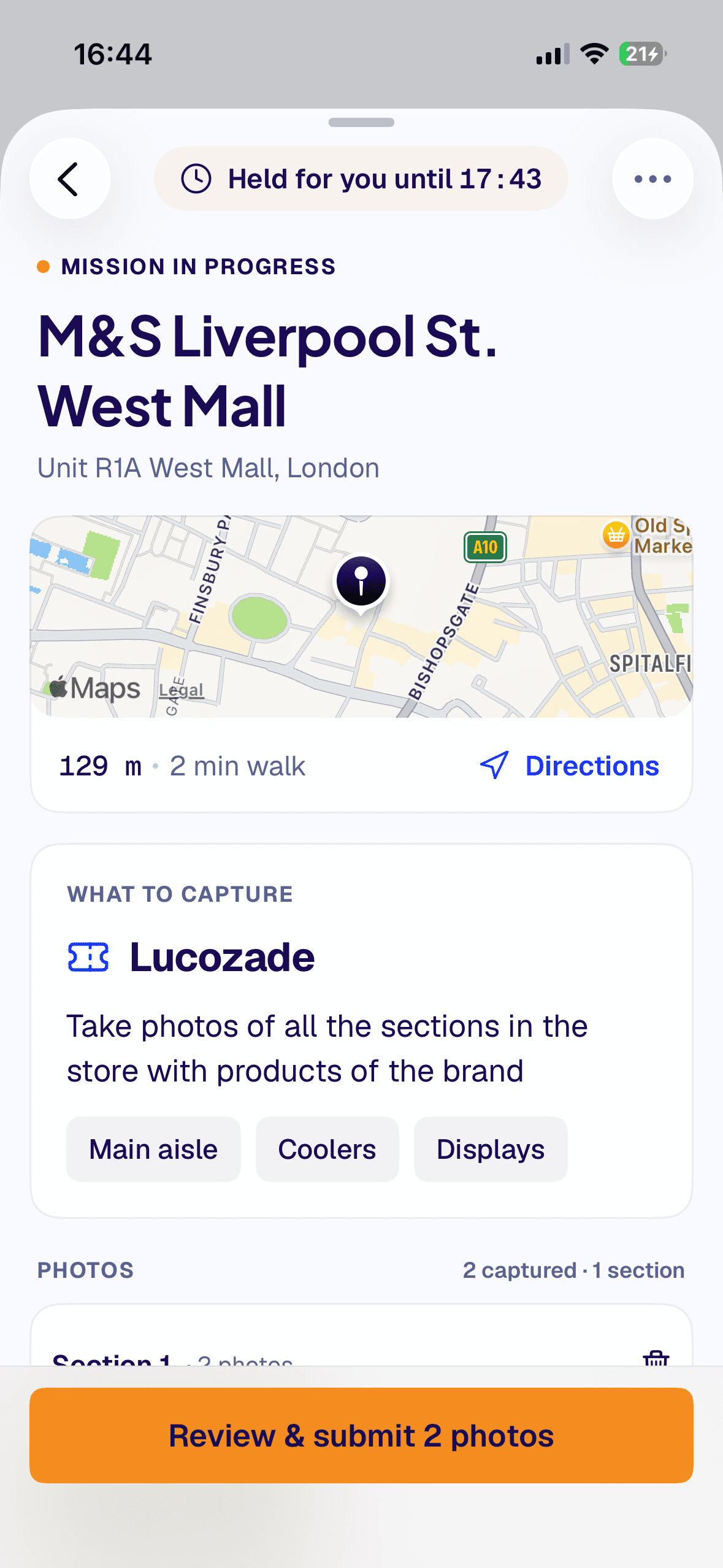 A mission in ZIA Lens: held for you until 17:43, at M&S Liverpool St. West Mall shown on a map, to capture Lucozade in the main aisle, coolers and displays