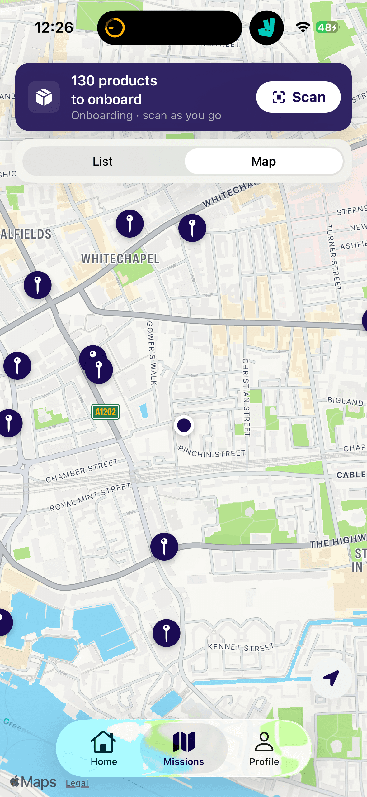 Missions screen: store missions pinned on a map of Whitechapel, London